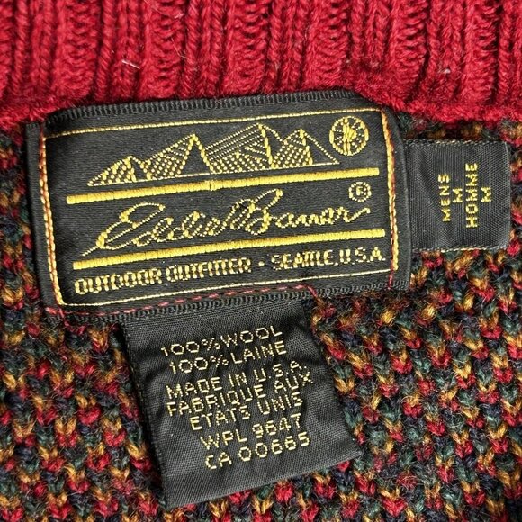 VINTAGE Eddie Bauer Sweater Mens M Red Green Tartan Plaid Crewneck Made USA 90s - Picture 2 of 12